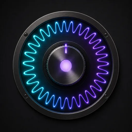 A dark industrial metallic knob in the center of a circular interface, surrounded by a glowing neon wave pattern transitioning from cyan to purple, representing an old radio tuning or frequency adjustment voice effect.
