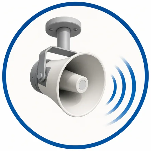 Greyish-white industrial public address (PA) horn speaker suspended in a blue-bordered circle, emitting soft blue acoustic waves, representing a PA system broadcast voice effect.