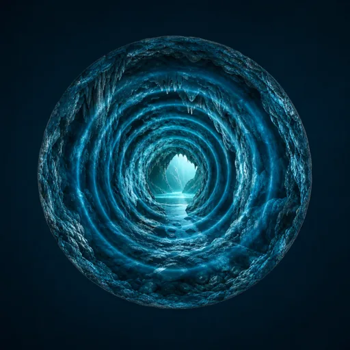 Deep perspective of a rocky cave tunnel with stalactites, filled with glowing concentric blue sound wave rings propagating outward, representing a spacious cave echo reverb effect.