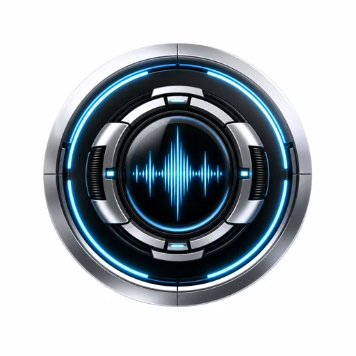 Metallic circular futuristic interface showing a glowing blue digital audio waveform in the center with neon blue light rings, representing a cybernetic and electronic robot voice changer effect.