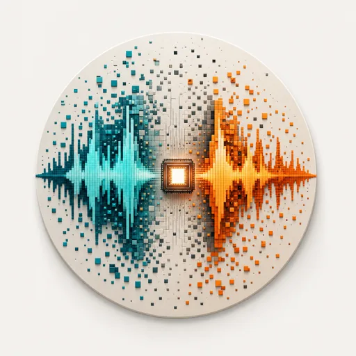 A central glowing CPU microchip on a beige background, splitting into pixelated three-dimensional voxel audio waveforms in cyan and orange, representing a digital bitcrusher distortion effect.