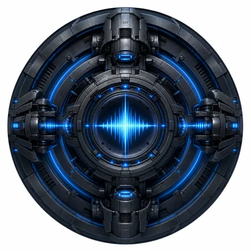 Heavy industrial mechanical shield interface with dark metal armored plates and gears around a bright blue high-energy waveform center, representing a giant mecha robot voice changer effect.
