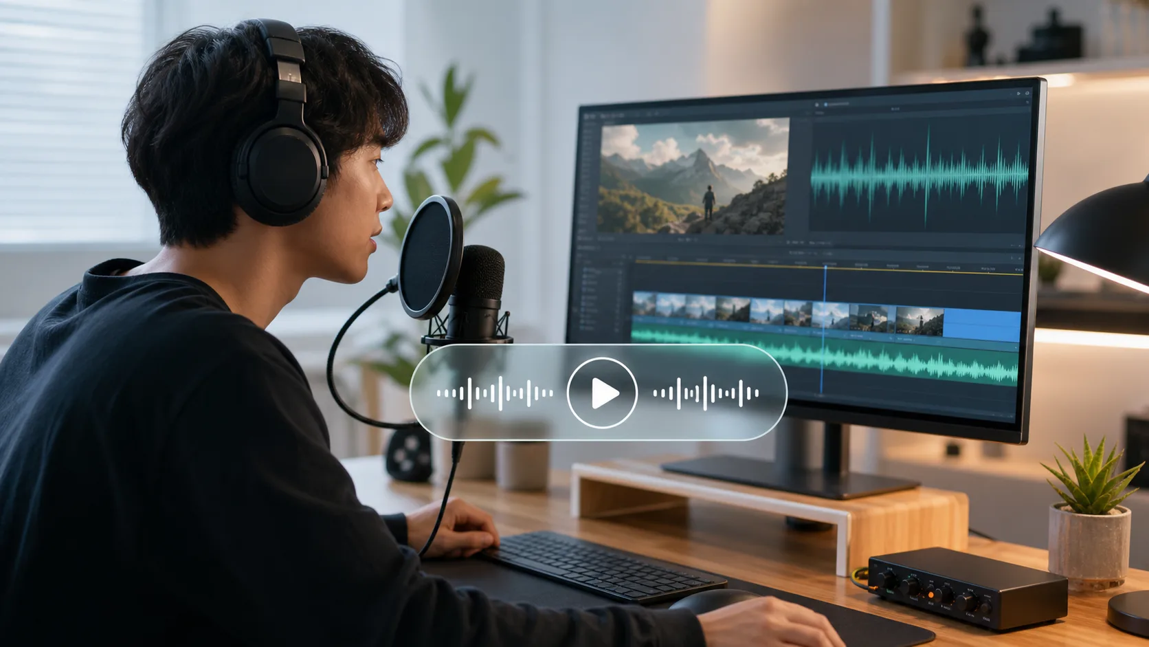 Creator wearing headphones records a short video voiceover beside an editing timeline and audio waveform.