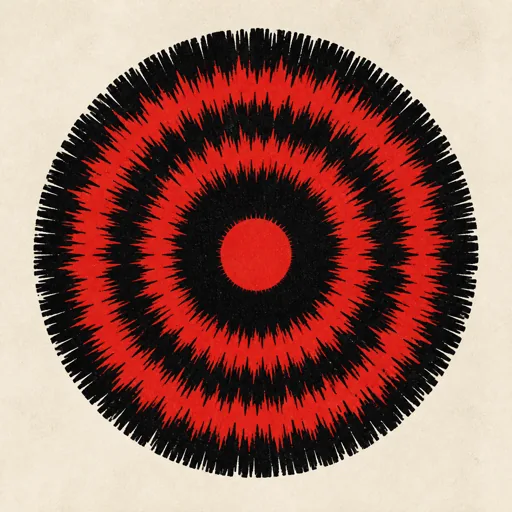 A large circular spiky pattern composed of concentric layers of sharp red and black jagged teeth on a beige background, symbolizing rapid amplitude modulation and tremolo voice effect.