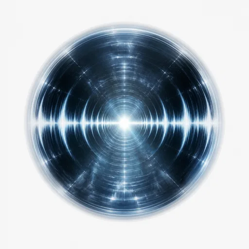 A dark industrial metallic knob in the center of a circular interface, surrounded by a glowing neon wave pattern transitioning from cyan to purple, representing precision parameter control for a reverse reverb audio effect.