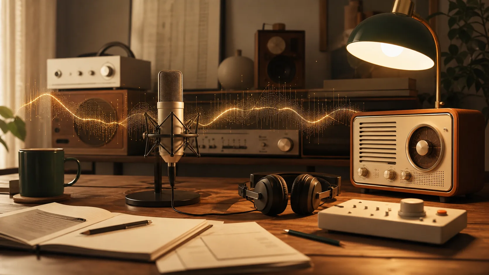 Warm podcast and story recording desk with a microphone, headphones, radio, and golden waveform.