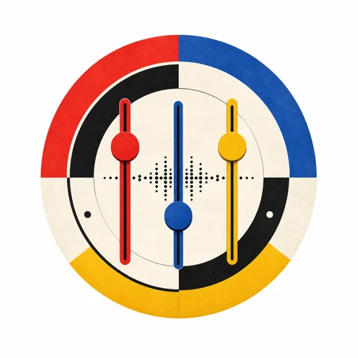 Bauhaus-inspired artistic colorful circle featuring three mixing console sliders in red, blue, and yellow with a dotted waveform, symbolizing tone control and pitch shifter voice effect.