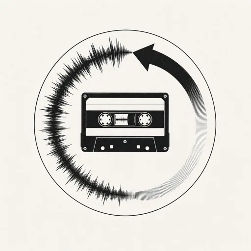 Minimalist black and white design showing an audio cassette tape inside a circular arrow pointing counterclockwise with a backward audio waveform, representing the reverse play voice effect.