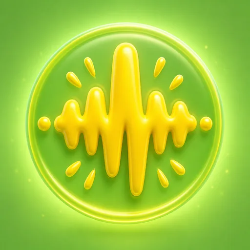 Bright green glossy circular badge featuring a cute, bouncy yellow candy-like audio waveform icon surrounded by yellow accent dots, representing a high-pitched, playful chipmunk voice changer effect.