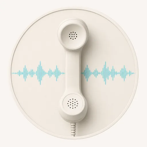 Vintage cream-colored telephone handset placed vertically on a matching background, intersected by a light blue digital audio waveform, symbolizing a telephone filter voice effect.