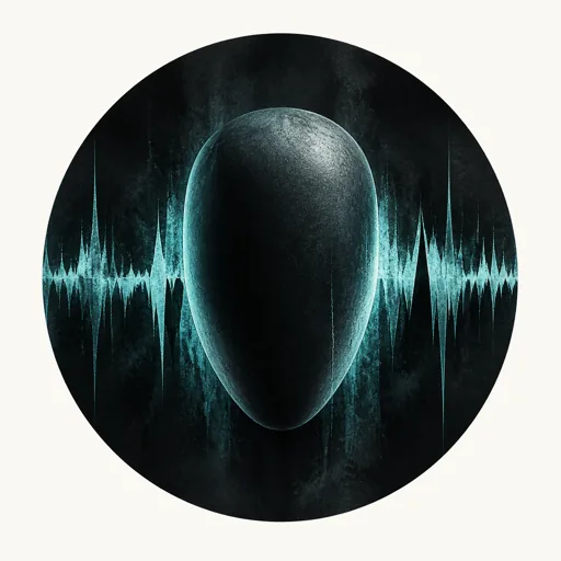 A black faceless head silhouette in a circular frame, flanked by sharp green static noise waveforms, symbolizing anonymity and voice distortion.