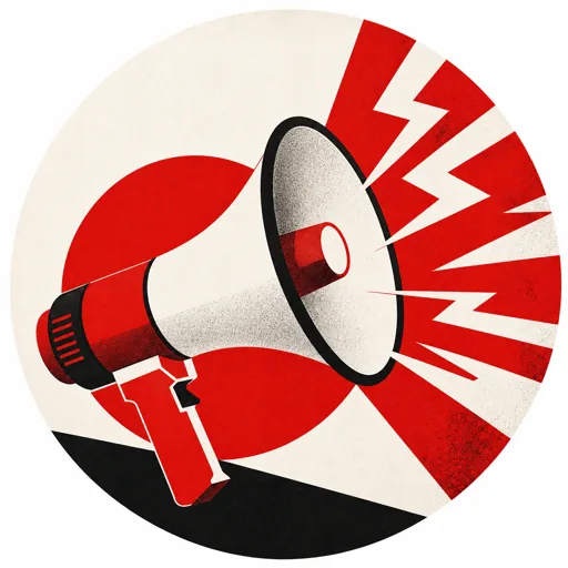 Retro constructivist-style illustration of a red and white megaphone shouting out sharp red lightning bolt sound waves against a bold red sun background, representing a megaphone broadcast voice effect.