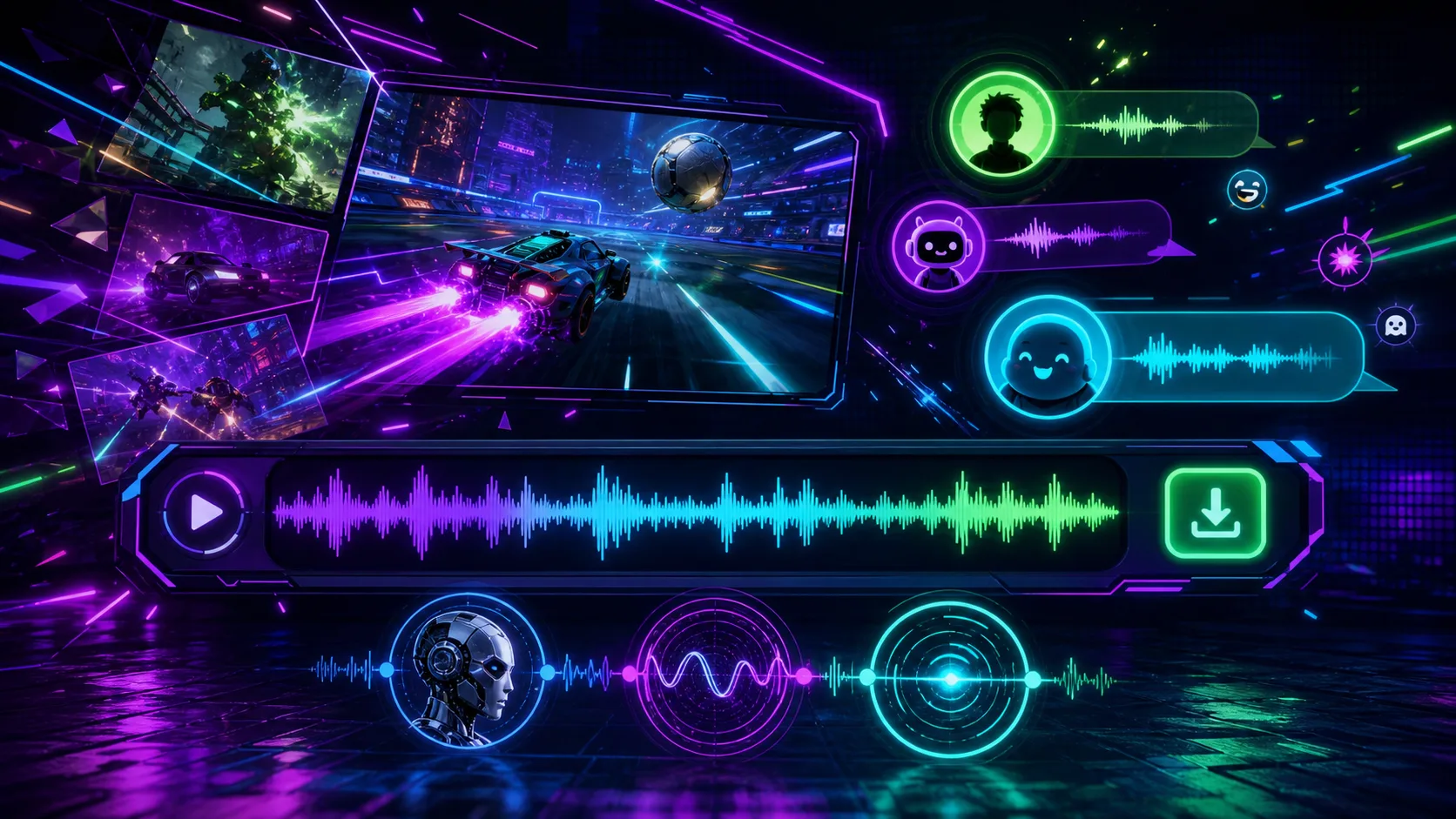 Neon gaming edit scene with a colorful audio waveform, play control, and download cue.