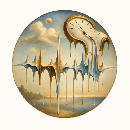 Surrealist painting inside a circle showing a melting golden clock and a dripping, fluid audio waveform over a sunset sea, representing a very slow playback and time-stretched voice effect.
