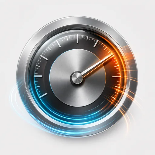 Polished metal speedometer dial with a needle pointing to high speed, wrapped in orange and blue motion blur streaks, representing audio playback speed alteration.