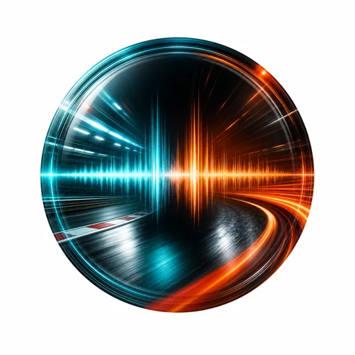 A circular sphere showing a high-speed racing track or tunnel with motion blur, intersected by a glowing cyan and orange audio waveform, representing a very fast playback voice effect.