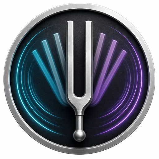 Metallic tuning fork vibrating intensely in the center of a black circular badge, leaving cyan and purple motion trails and acoustic waves on both sides, representing a vibrato voice effect.