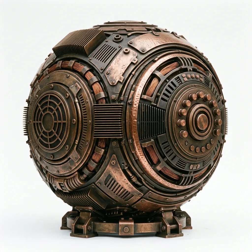 巨大而厚重的声波球体，圆形布局，深古铜与金属红铜色调，代表低沉胖人声变声效果。