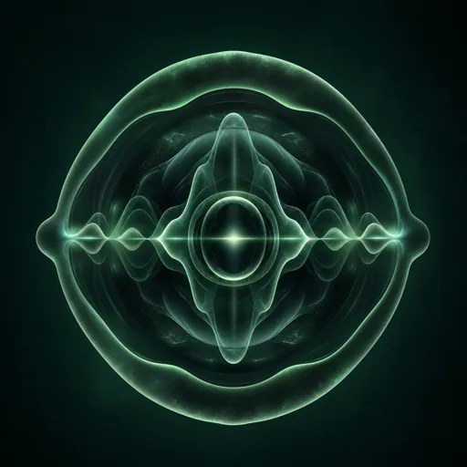Mysterious bioluminescent green circular sound wave energy form with a glowing central eye-like nucleus on a dark background, representing a sci-fi alien or extraterrestrial voice changer effect.