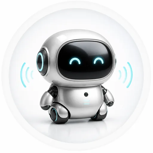 Cute and friendly white miniature robot with curved glowing blue LED eyes on its black screen face, emitting soft blue radio waves inside a white circle, representing a tiny robot voice effect.