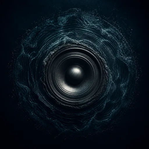 Close-up of a dark audio speaker subwoofer generating deep resonant acoustic waves and fine water droplets or particle vibrations on a dark background, representing a deep bass voice changer effect.