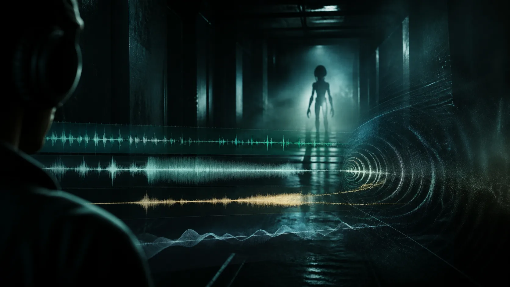 Cinematic sci-fi hallway with an alien silhouette and layered audio waveform atmosphere.